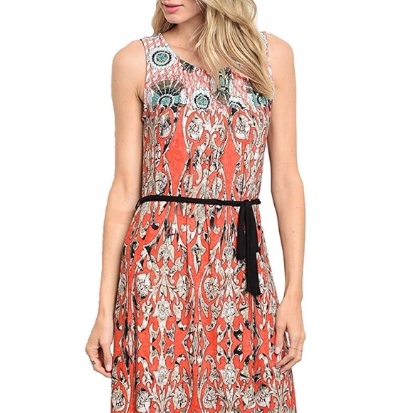 Paisley Print Sleeveless Maxi Dress w Rope Belt - Picture 3 of 4
